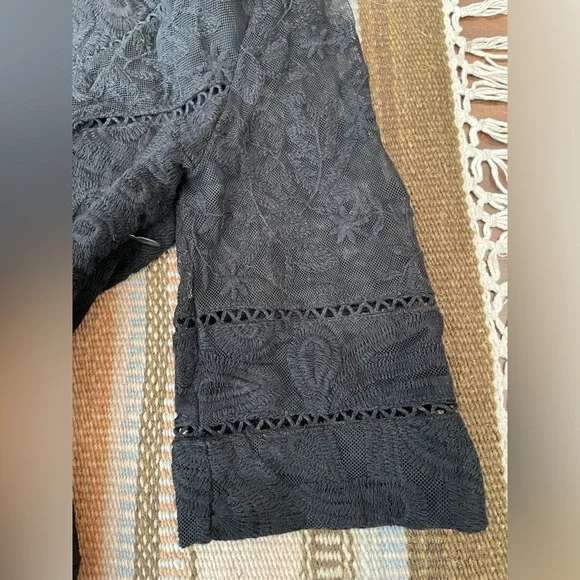 Free People Black V Neck Dress with Embroidered Pattern